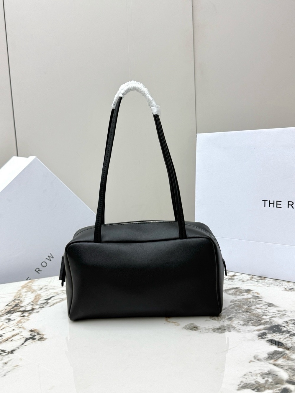 The Row Black Rectangular Leather Shoulder Bag with Double Straps